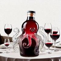 Octopus-shaped wine bottle with red wine on a table with glasses