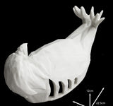 White 3D-printed arm model with measurements on a black background