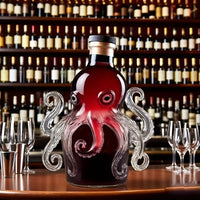 Octopus-shaped bottle of alcohol on a bar with wine bottles and glasses in the background