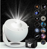 White galaxy projector with starry sky display on a black background