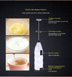 Electric milk frother with features highlighted on a black background
