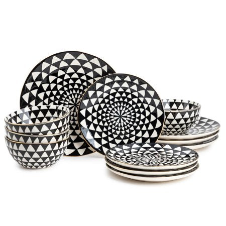 12-Piece Black & White Medallion Dinnerware Set – Stoneware Ceramic Plates & Bowls with Gold Rim (Serves 4)