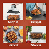 Collage of a food packaging system with text 'Snap it', 'Crisp it', 'Serve it', and 'Store it' on a red background.