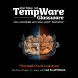Advertisement for TempWare glassware compatible with Ninja appliances, showing food in a glass container.