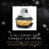 3-in-1 Crispi 4QT compact air fryer with fries on a black background